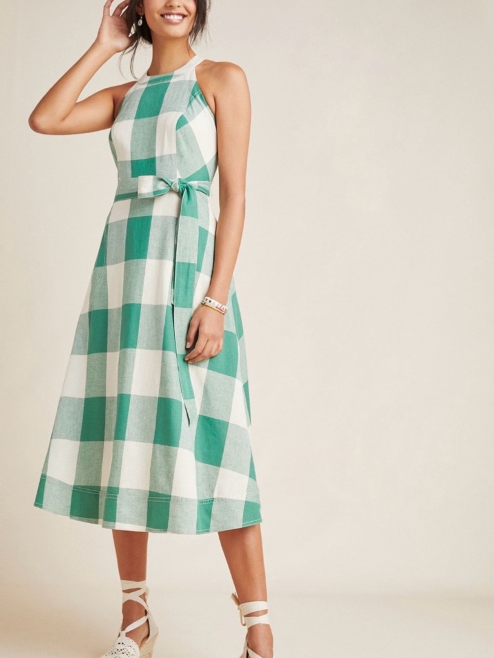 Anthropologie Maeve Greta Gingham Halter Midi Dress Green White Check NWOT 12 - Picture 16 of 16